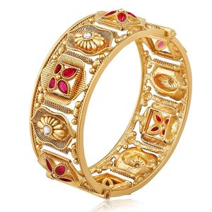 Gold Plated Bangle <b>Bracelet</b> Women's Vintage Flower Design <b>Ruby</b> Bezel Setting Wedding Jewelry Alloy Bangle - Product Image 3