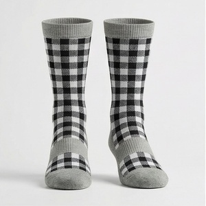Crew <b>Socks</b> Plaid Pattern <b>Black</b> White Gray Breathable Knitted Regular Style Adult Casual Wear - Product Image 1