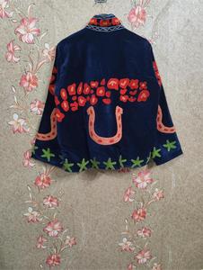 <b>Women</b> Navy Blu <b>Velvet</b> Floral Embroidered <b>Jacket</b> with Heart & Floral Pattern Full Sleeve Stand Collar Handmade Boho Autumn Coat - Product Image 2