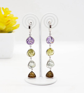 Natural Multi Gemstone <b>Earrings</b> On 925 Sterling <b>Silver</b> Spiral Faceted Amethyst Lemon Quartz Peridot Smoky Topaz Long Drop <b>Dangle</b> - Product Image 1