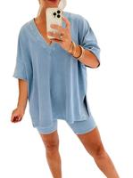 Ensemble T-shirt et short surdimensionné pour femme, personnalisé en usine, effet délavé minéral, tendance été, deux pièces décontractées, séchage rapide, en polyester