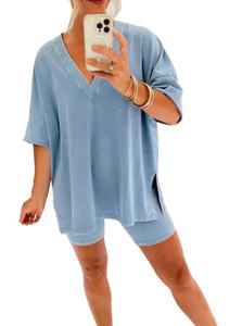Ensemble T-shirt et short surdimensionné pour femme, personnalisé en usine, effet délavé minéral, tendance été, deux pièces décontractées, séchage rapide, en polyester - Product Image 2