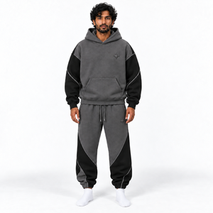 Custom Heavyweight French Terry Cotton Breathable Hoodie <b>Jogger</b> Set Men <b>Oversized</b> Sweatsuit Curved Piping Relaxed Streetwear Fit - Product Image 3