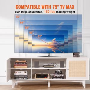 Mobile TV Boho per TV da 75 pollici, Centro Intrattenimento in Rattan con Porta, Presa Integrata e Armadietto Contenitore con 2 Ripiani - Product Image 4