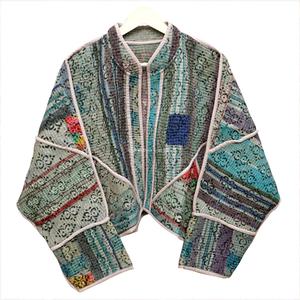 Premium Vintage Cotton Kantha Bohemian Mandarin Collar Hand Drawn Print Eco-Friendly Breathable Quick Dry <b>Womens</b> Knitted <b>Jacket</b> - Product Image 1