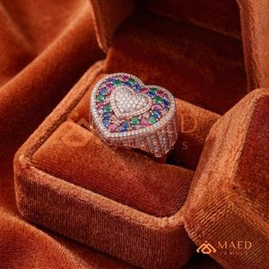 14K Rose Gold Plated Heart Ring Multi-Color Stone Cluster Wedding Band Iced Out Romantic Heart Jewellery Pink Gold Rainbow Ring - Product Image 4