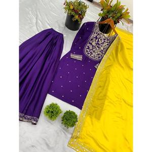 Ensemble haut en satin, pantalon palazzo et dupatta pour soirée, avec broderies riches, taille XL - Product Image 3