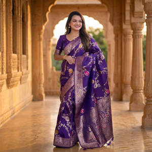 <b>Purple</b> Color Banarasi Silk <b>Saree</b> with Zari Weaving Meenakari Design Rich Pallu Traditional Indian Wedding Wear for Women - Product Image 1