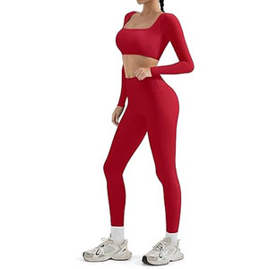 Conjuntos Deportivos de 2 Piezas para Mujer, Leggings de Compresión con Control de Abdomen y Bolsillos, Top Corto Acolchado de Manga Larga con Cuello Cuadrado, Ropa Deportiva - Product Image 4