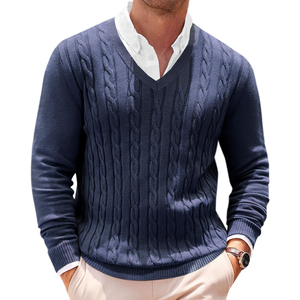 <b>Men's</b> dark Blue <b>V</b>-<b>Neck</b> Cable Knit Wool Pullover Regular Fit Casual <b>Sweater</b> Autumn Style Anti-Pilling Knitted <b>Sweater</b> Best trendy - Product Image 6