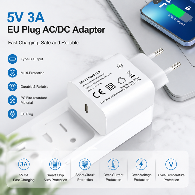Shenzhen Lvxiangyuan 15W 5V 3A Type-C USB AC DC Power Adapter Charger EU Plug with CE ROHS Approved for Tablet Mobile Phone