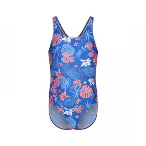 Maillot de bain une pièce pour filles, imprimé floral, bleu, extensible, en spandex et polyester, coupe classique, tricoté, imprimé numérique, col rond - Product Image 1