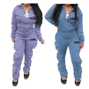 Conjunto Deportivo Gris para Mujer, Talla Grande, Sudadera con Cierre Completo, Pantalones Cargo, Ropa Casual, Color Sólido, Manga Larga, Atuendo Otoñal - Product Image 3