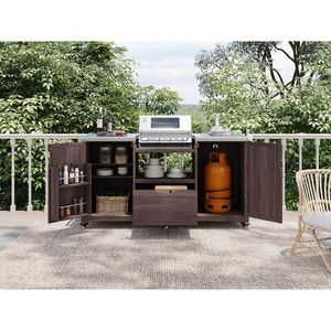 Isla de Cocina para Exteriores de Madera Sólida de 66.5 Pulgadas para Parrillas Big Green Egg, Carrito con Mesa de Acero Inoxidable para Camping - Product Image 4