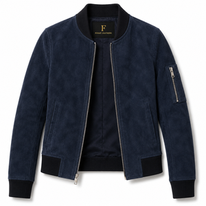 เสื้อแจ็คเก็ตบอมเบอร์หนังแกะสีน้ำเงินจาก Furat Leathers ผลิตจากวัสดุที่เป็นมิตรต่อสิ่งแวดล้อม แห้งเร็ว ปักลาย 3 มิติ ระบายอากาศได้ดี เหมาะสำหรับฤดูหนาว สำหรับผู้หญิง - Product Image 1