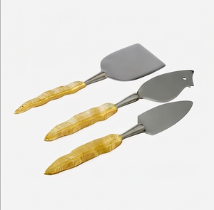 Ensemble de 3 trancheurs à fromage de qualité supérieure en acier inoxydable avec poignée à motif feuille, parfait pour l'hôtellerie et la table, meilleur accessoire. - Product Image 1