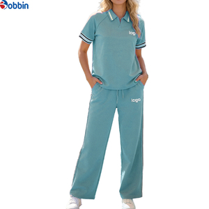 Customized Trade Women's 2 Piece Casual Set Short Sleeve Polo Top With Side Stripe <b>Pants</b> Loose Fit All Seasons Sportswear Solid - Product Image 3