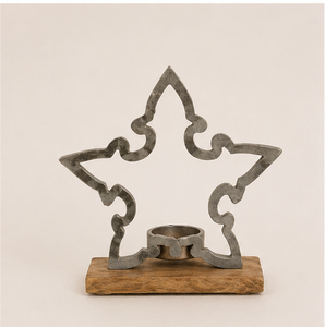 Handcrafted Rustic Metal Star Tealight Candle Holder With Natural Wooden Base Decorative Wrought Iron T-light <b>Stand</b> For Home - Product Image 3