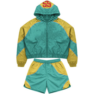 Durable 125 GSM Nylon Windbreaker Shorts Set Olive Tone Red <b>White</b> Paneling Custom Sublimation Logo plus size - Product Image 6