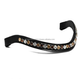 Forme de vague faite à la main classique Véritable designer de bande de front de cheval en cuir de selle anglaise avec chaîne de pierres de cristaux colorés de luxe - Product Image 2