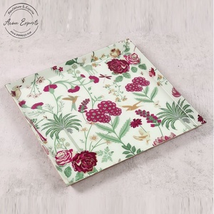 Manufacturer Wholesale Handcrafted Large Square Steel Platter Enameled Floral Print Serving <b>Tray</b> for Dry Fruits and Dishes - Product Image 1