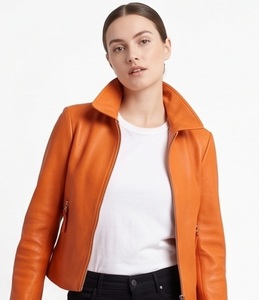 Blouson Moto Hiver Coupe-Vent en Cuir Véritable Orange Personnalisé pour Femme, Coupe Slim, Zippé, Style Streetwear, Vente en Gros - Product Image 5