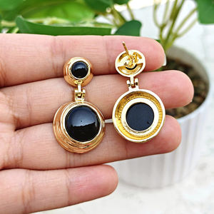 Pendientes Colgantes de Latón Sólido Chapado en Oro de 18k con Doble Ónix Negro, Cabujón Liso y Atrevido, Joyería de Declaración con Cierre de Mariposa para Mujer - Product Image 4