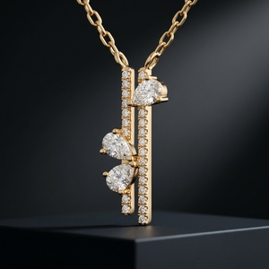 10K 14K 18K Yellow Gold Linear Bar Pendant <b>Necklace</b> Featuring Shimmering Round Cut and Asymmetrical Pear Cut Lab Grown Diamonds - Product Image 4