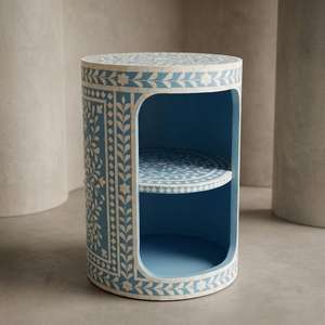 Round Arabic Flower Pattern Bone Inlay Nightstand with Carved Design Double-Tier <b>Storage</b> Bedside Table for Home Office Decor - Product Image 6