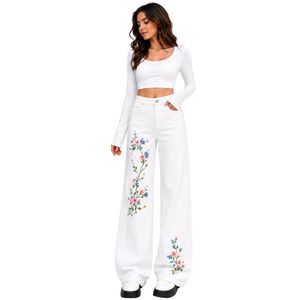 Jeans de Pierna Ancha con Bordado Floral Blanco para Mujer, Pantalones de Mezclilla de Cintura Alta, Corte Holgado, Ropa Casual Urbana, Personalizable OEM ODM - Product Image 1