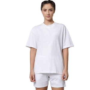 Women's <b>White</b> <b>2</b>-<b>Piece</b> Shorts <b>Set</b> O-Neck Short Sleeve Knitted Casual Breathable Spring Summer Solid Color Loose Fit - Product Image 1
