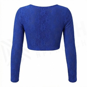 <b>Blue</b> Floral Lace <b>Crop</b> <b>Top</b> Long Sleeve Scoop Neck Women's Yoga Wear Spandex Polyester Breathable Sportswear - Product Image 2