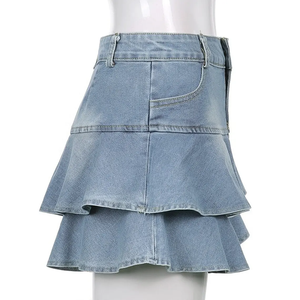 Mini-jupe en jean bleu clair à volants superposés, taille haute, en mélange de coton, ourlet à volants, douce, décontractée, de qualité - Product Image 3