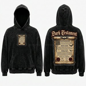Custom Heavyweight Hoodie Men Streetwear Acid Wash Dark Testament Scroll Graphic Print Oversized Fleece Cotton Sweatshirt - Product Image 1