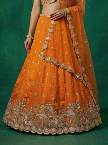 Orange Embroidered Floral Maxi <b>Lehenga</b> Set V-Neck Blouse & Dupatta 100% Cotton Traditional Dress for Wedding Festival Wear - Product Image 4
