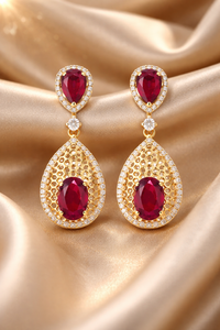 Pendientes de Lujo para Mujer, Chapados en Oro de 18K, con Rubíes en Forma de Gota y Detalles de Diamantes, Joyería para Boda - Product Image 5