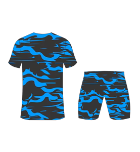 Custom sublimated <b>soccer</b> uniform set for men with black and blue camouflage pattern print jersey and matching shorts - Product Image 3