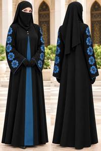 <b>Black</b> Embroidered Abaya with Niqab Blue Floral Stand Collar <b>Long</b> <b>Sleeve</b> Modest Muslim <b>Dress</b> Floor Length - Product Image 3