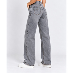 Jeans de mezclilla de cintura alta y pierna ancha para mujer con trabillas cruzadas traseras - Gris ceniza al por mayor - Product Image 2