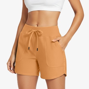 <b>Women's</b> Solid Color Knitted Polyester Sport <b>Shorts</b> Mid Waist Drawstring Breathable Regular Fit 3D Embroidery 160g <b>Orange</b> - Product Image 1