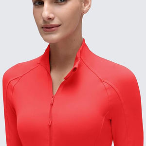 Women's Red Long Sleeve Zip up Yoga <b>Jacket</b> Slim Fit Stretch Quick Dry Seamless Ribbed Stand Neck Top - Product Image 5