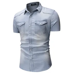 2026 <b>Mens</b> Oversized Vintage Denim Shirt Washed 9oz Cotton Fabric <b>Short</b> Sleeve Summer Casual Eco-Friendly Quick Dry Customizable - Product Image 1