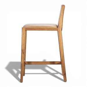 เก้าอี้บาร์ไม้สักแท้สไตล์โมเดิร์นกลางศตวรรษ พร้อมพนักพิงหวายธรรมชาติและเบาะหนังเทียม สำหรับเคาน์เตอร์ครัวและร้านกาแฟ - Product Image 3