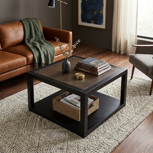 Table basse carrée en bois massif noir, 2 niveaux, étagère de rangement inférieure, bois teinté foncé, table d'appoint de salon, structure ouverte - Product Image 4