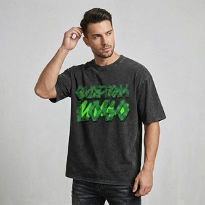T-shirt en coton surdimensionné avec logo personnalisé brodé en 3D, effet délavé vintage, streetwear décontracté pour hommes - Product Image 4