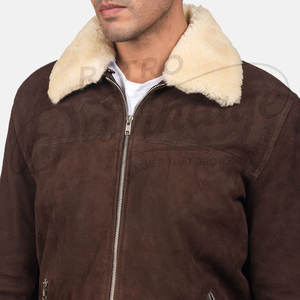Chaqueta de Cuero de Gamuza Marrón Premium para Hombre con Cuello de Piel Crema, Corte Ajustado, Cálida para Invierno, Estilo Bomber con Cierre, Ropa Exterior Informal - Product Image 2
