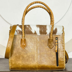 New Personalized Handmade Hair On Cowhide Leather Tote Bag with Braided Handle Tooled Leather With Turquoise Concho Shoulder Bag - Product Image 5