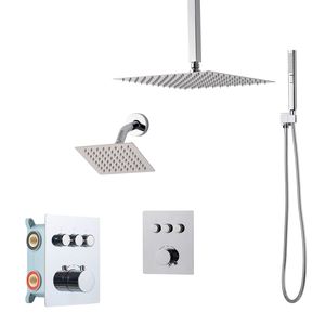 Système de douche thermostatique à effet pluie de 12 pouces à montage au plafond et ensemble de robinetterie de douche 2-en-1 avec douchette murale de 6 pouces – Accessoire - Product Image 1