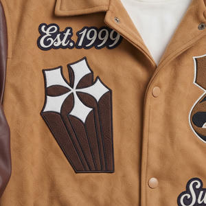 Veste varsity marron pour homme, manches en cuir, patch brodé, veste bomber de baseball, col rabattu, décontractée, automne - Product Image 6
