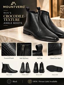 Bottines Chelsea pour homme en cuir véritable noir gaufré croco, avec empiècements élastiques latéraux, fermeture éclair, semelle en caoutchouc, pour l'hiver - Product Image 6